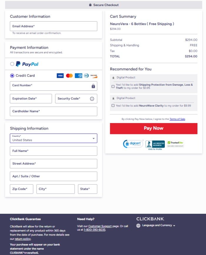 NeuroVera secure online payment and order summary